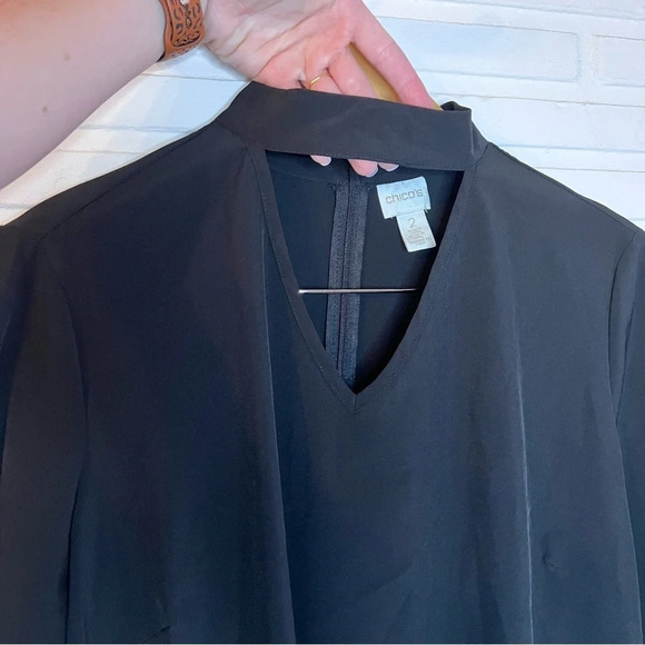 Chico’s Black Choker Neck Gold Faux Button Long Sleeve Blouse, Women’s Size 12 - Picture 5 of 12